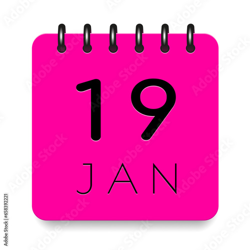 19 day of the month. January. Pink calendar daily icon. Black letters. Date day week Sunday, Monday, Tuesday, Wednesday, Thursday, Friday, Saturday. Cut paper. White background. Vector illustration.