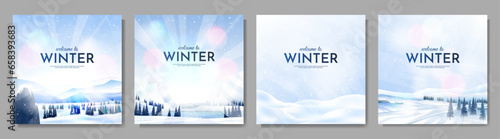 Vector illustration. Flat winter landscape. Snowy backgrounds. Snowdrifts. Snowfall. Clear blue sky. Blizzard. Snowy weather. Design elements for web banner, social media template. Blurred bokeh light
