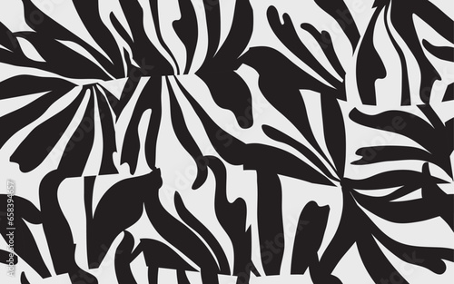 Abstract tropical seamless pattern. Silhouettes of tropical plants. Black and white, monochrome.