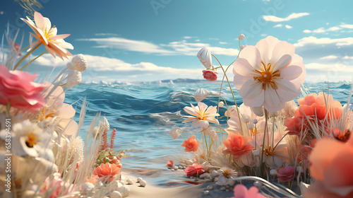 a Field with wild flowers growing at a beach at sea - concept art.  photo
