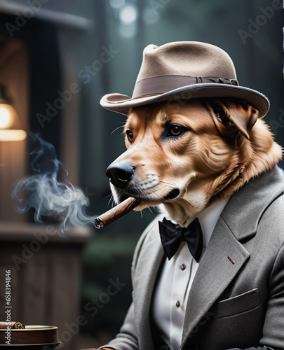 portrait of beautiful cinematic picture of a dog mobster, smoking his cigar . shallow depth of field photo