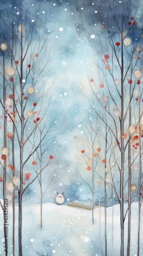 Whimsical winter scene with hand-drawn trees and a watercolor frame. © olegganko