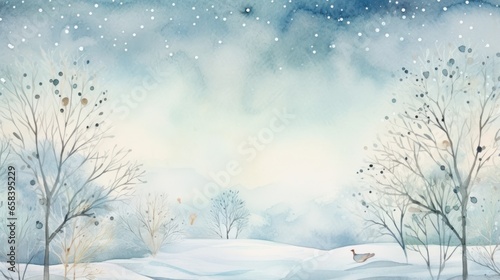 Whimsical winter scene with hand-drawn trees and a watercolor frame.