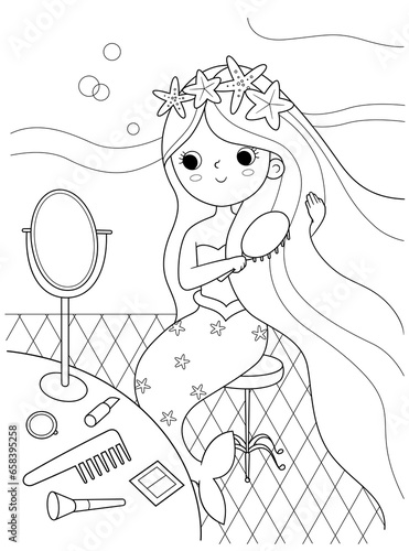 The little mermaid sits in front of the mirror and combs her hair. Outline illustration for coloring book. Vector outline