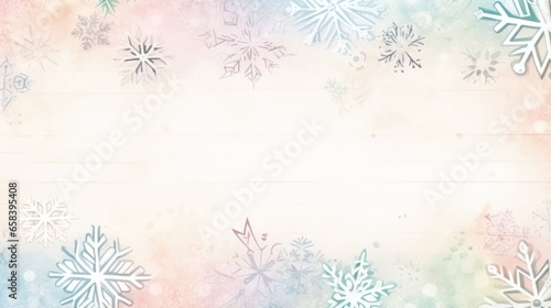 Pastel winter snowflakes with a watercolor border and wooden frame