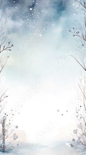Rustic winter scene with a watercolor border and snowflakes