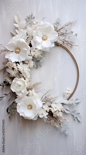 Elegant winter wreath with white flowers and a watercolor frame