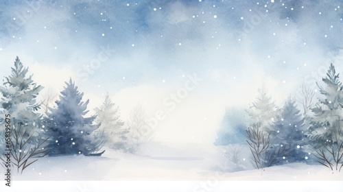 Rustic winter scene with a watercolor border and snowflakes © olegganko