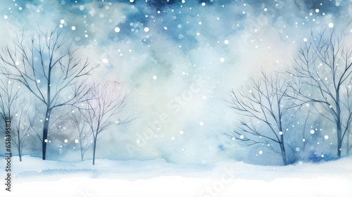 Snowy trees with a blue watercolor background and a frame
