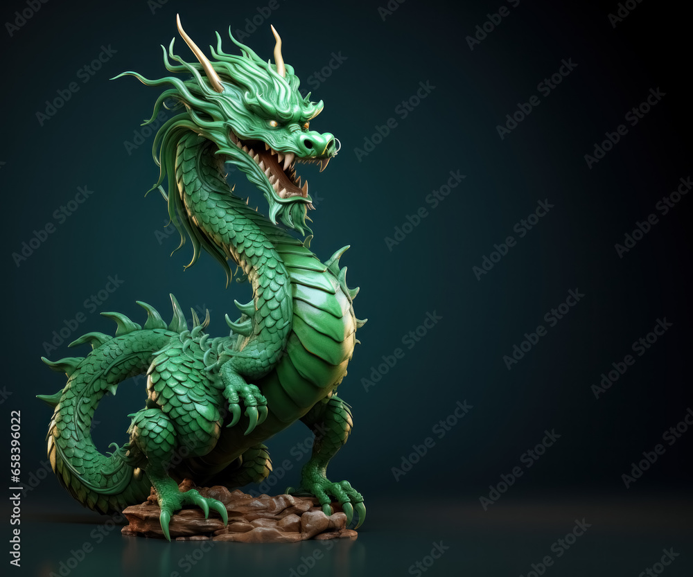 Fototapeta premium Figure of green dragon on dark background, symbol of new year according to Chinese lunar calendar. 