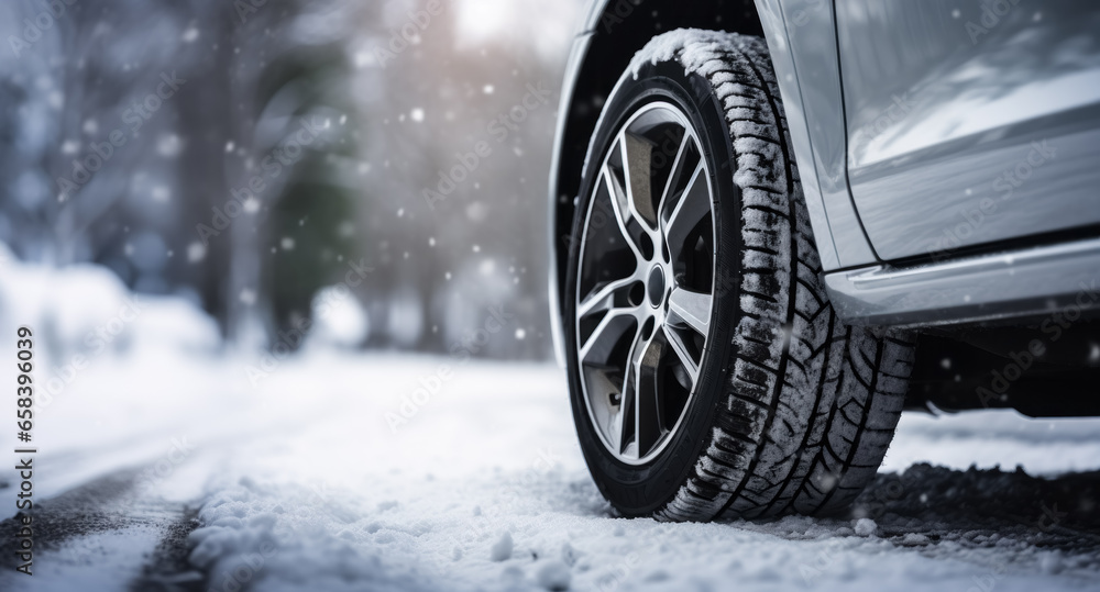 Part of car and wheel with tire covered with snow on close up on winter road in nature, banner for advertisement with copy space. 