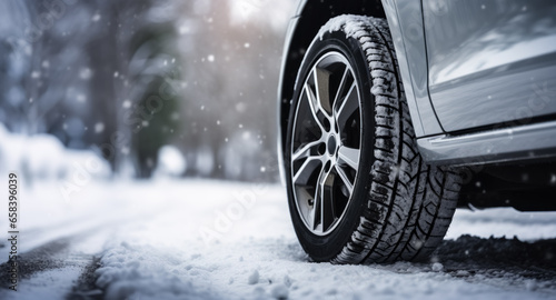 Part of car and wheel with tire covered with snow on close up on winter road in nature, banner for advertisement with copy space.  photo