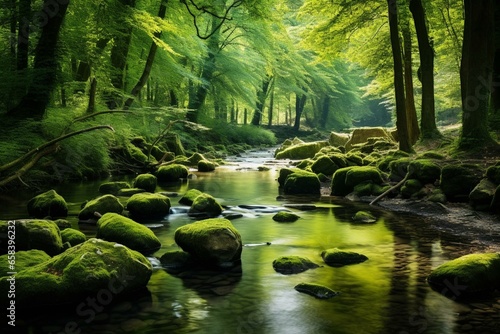 A scenic forest stream with stones and green leaves on the banks. Generative AI