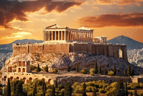 Parthenon Temple on top of the hill. The Acropolis of Athens, Greece. Generative ai