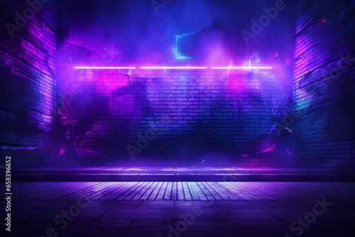 Abstract neon lines in smoke on an old concrete wall with purple and blue cyberpunk lights. Futuristic colors, modern design, energy pattern. Generative AI