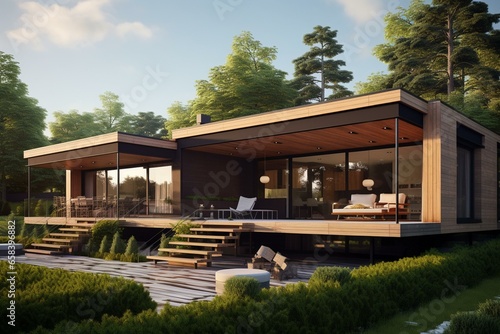 Modern wooden house, flat roof, 3D visualization. Generative AI © George