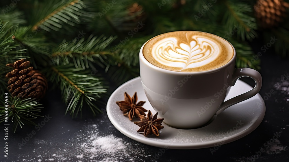 Christmas Cappuccino Coffee on Wooden Table Christmas Cappuccino Coffee on Wooden Table