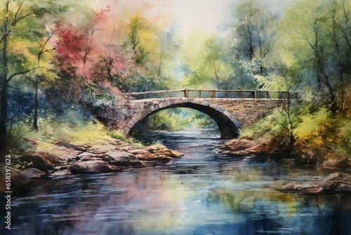 Impressionist watercolor bridge painting. Generative AI