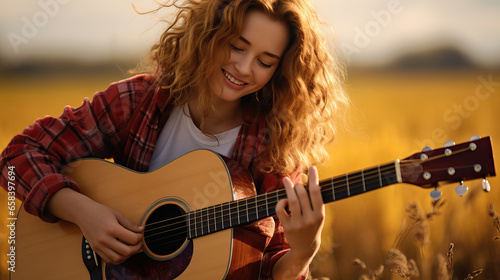 Young Woman Playing Acoustic Guitar in Wheat Field