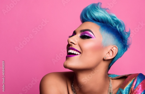 smiling lesbian girl with short blue hair