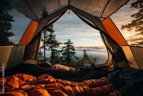 View of a tent in the morning. Generative AI