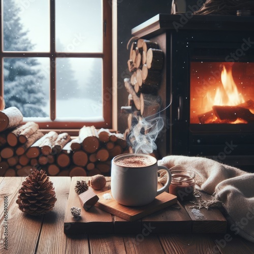  a mug of steaming hot cocoa on a wooden table. Outside, the windows reveal a snowy landscape