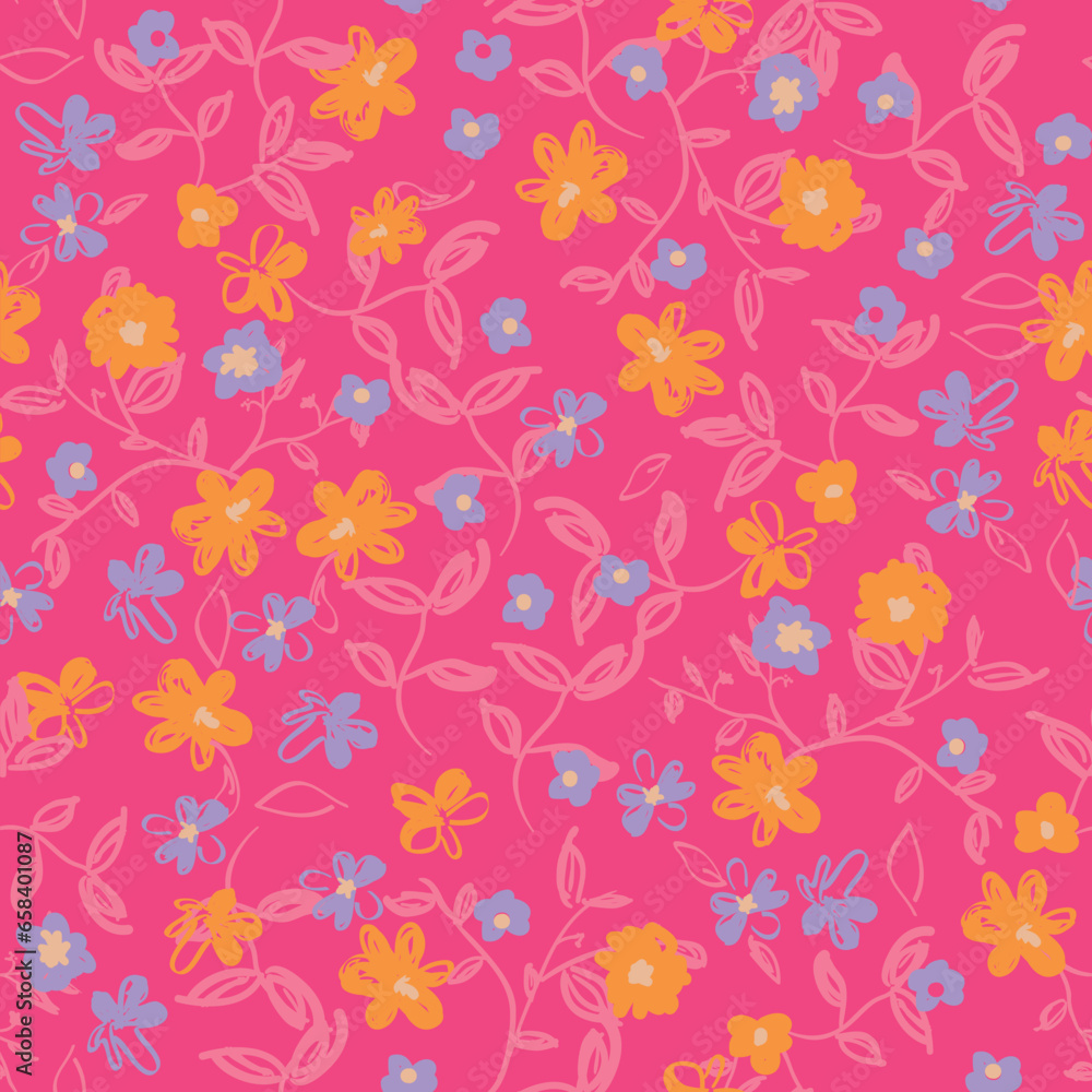 Abstract floral seamless pattern. Bright colors, gouache painting. Outline contour lines forming stylized blooming daisy flowers.
Curved lines and brush strokes.