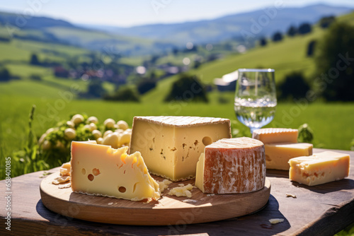 Idyllic French cheese platter against lush Jura landscape promoting dairy products of France.