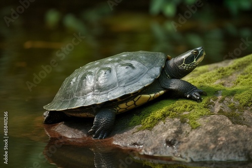A charming turtle rests on a green rock. Generative AI