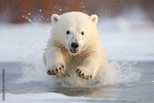 young polar bear enjoys winter weather, frolics and leaps. Generative AI