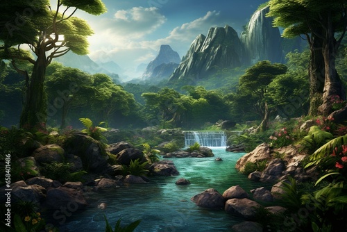 4k scenic jungle landscape wallpaper. Generative AI