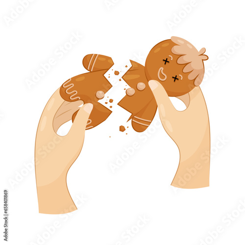 Gingerbread man in flat style. Breaking gingerbread with your hands. Christmas cookies on a white background.