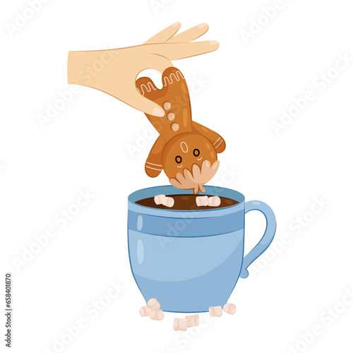 Gingerbread is dipped into a cup of hot cocoa with marshmallows. Christmas gingerbread in flat style on a white background.