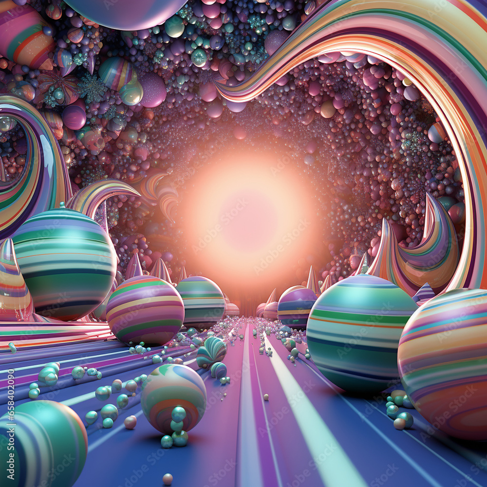 Abstract fairytale background with large decorative balls wavy heavy  lines inside a tunnel. 