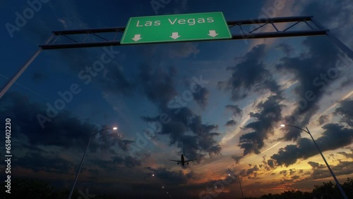 Las Vegas City Road Sign - Airplane Arriving To Las Vegas Airport Travelling To United States
