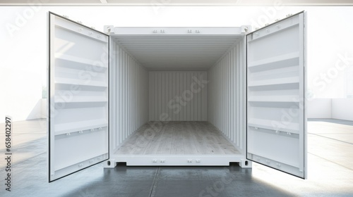 Minimalist cargo container in pristine condition, reflecting natural light on sleek metallic surface. Clean lines, smooth texture, and symmetrical shape create a spacious, efficient, and contemporary
