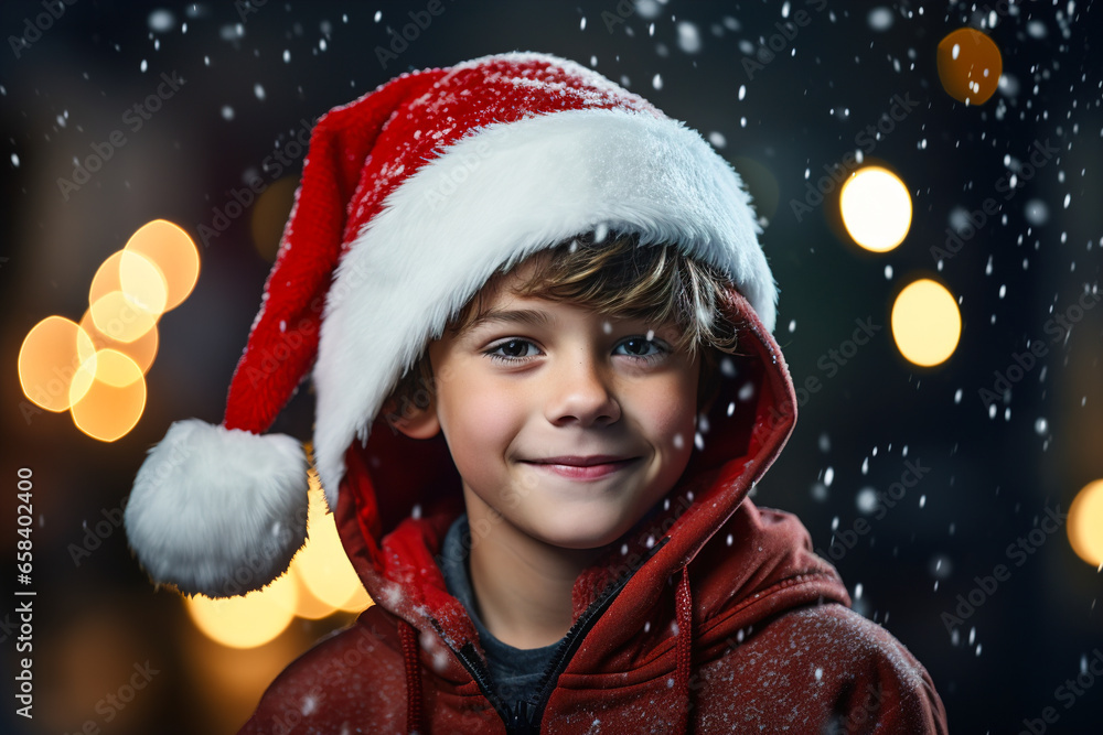 Portrait of a smiling boy in a Santa Claus hat on a bright festive blurred background with bright bokeh and snowflakes. Portrait of a smiling boy in a Santa Claus hat on a bright festive blurred background with bright bokeh and snowflakes.