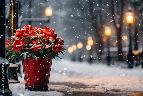 A large pot of Christmas star flowers stands on a snowy street in the light of lanterns.