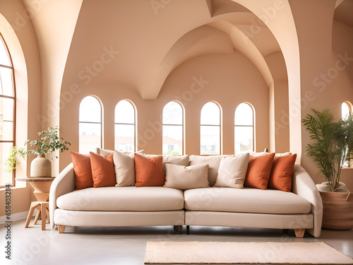 Rustic sofa, potted houseplants against the wall, Loft home interior design of modern living room with geometric ceiling. beige sofa with pillows and multiple arched windows.