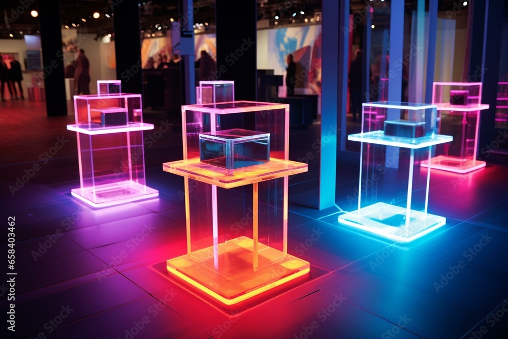Display area with illuminated platforms for product samples. Generative