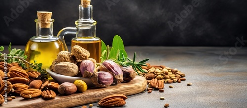 Healthy food sources rich in omega 3 and unsaturated fats such as almonds pecans hazelnuts walnuts and olive oil are considered superfoods due to their high content of vitamin E and dietary 