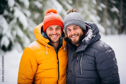 Male twins enjoying winter holidays in the mountain, smiling and looking at camera