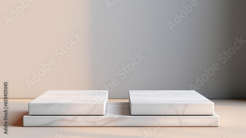 two white marble tables on a beige background © Enzo