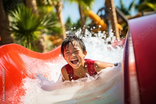 asian child boy having fun laughing slides down on red water slide in aquapark  summer holiday and vacations.