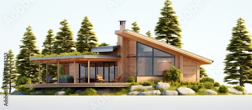 illustration of a Scandinavian style barnhouse with a metal roof surrounded by trees on a green island isolated on a white background photo