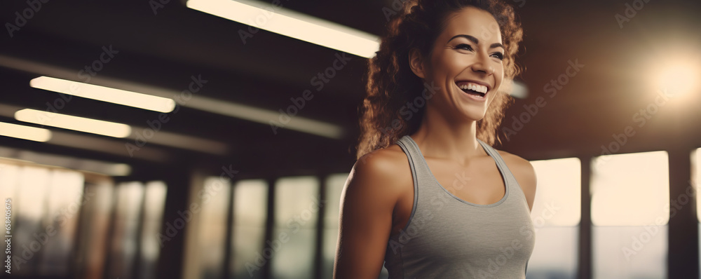 Fototapeta premium Positive pretty girl with an athletic figure in gym. Healthy lifestyle and fitness concept. Copy space