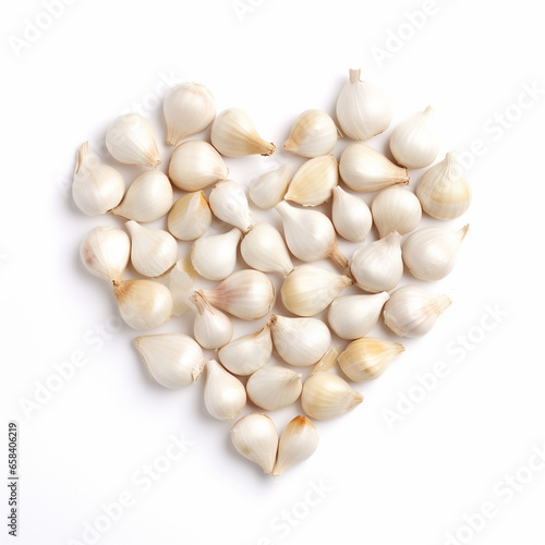 Heap fresh pieces of garlics be arrange in heart shape on white background. Isolated on white background.