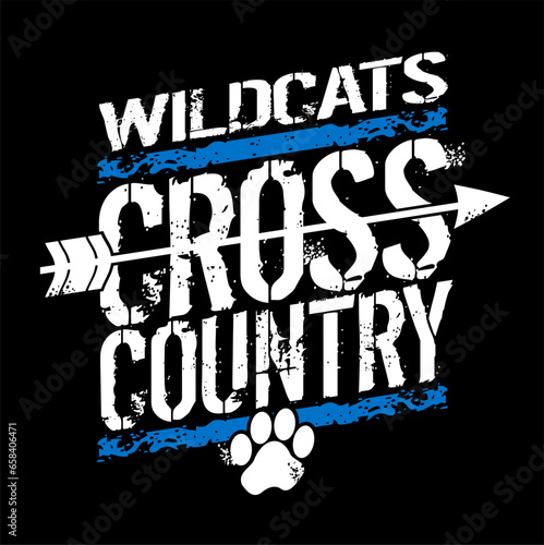 distressed wildcats cross country team design with arrow and paw print for school, college or league sports