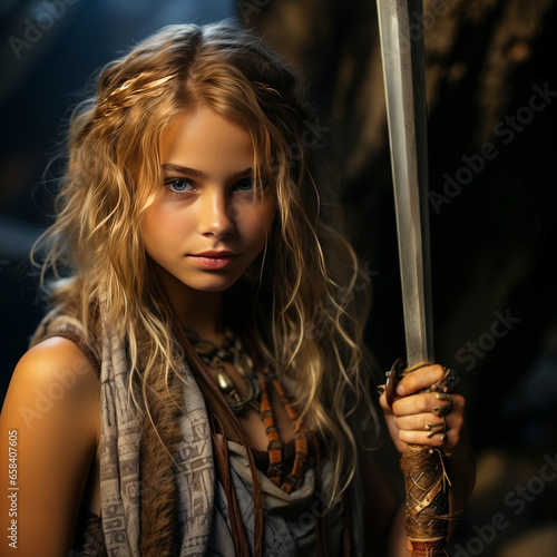 Captivating blond warrior woman ready for battle, embodying fierce Viking or Celtic spirit.