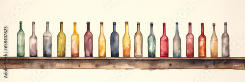 wine bottles on a long wooden shelf